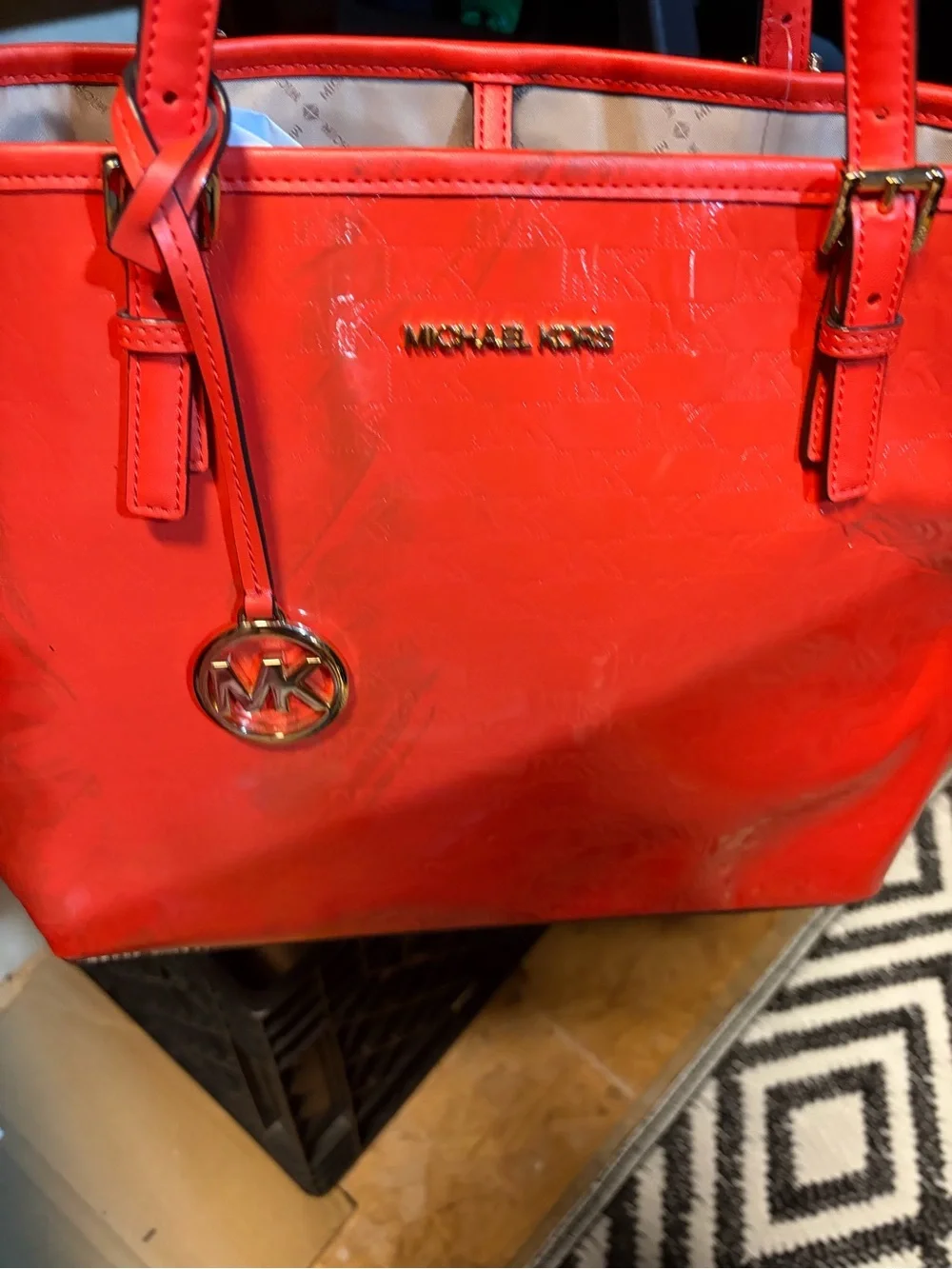 Michael Kors Bright Orange Patent Tote with Gold Hardware